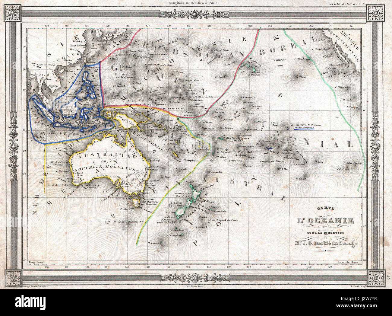Questa mappa del 1852, creata da Bocage, fornisce una rappresentazione geografica dell'Australia e della Polinesia, offrendo una visione storica della comprensione di queste regioni durante il XIX secolo. Serve come rappresentazione visiva della loro geografia e esplorazione durante quel periodo. Foto Stock
