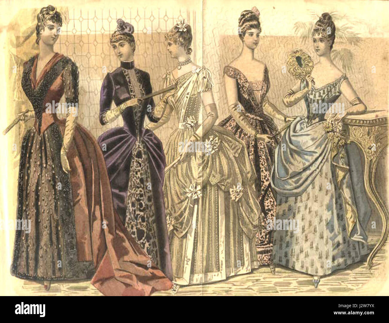 Il piatto alla moda del 1888 di Peterson's Magazine mostra le ultime tendenze della moda femminile durante la fine del XIX secolo. Il piatto presenta eleganti abiti e accessori tipici dello stile del periodo. Foto Stock
