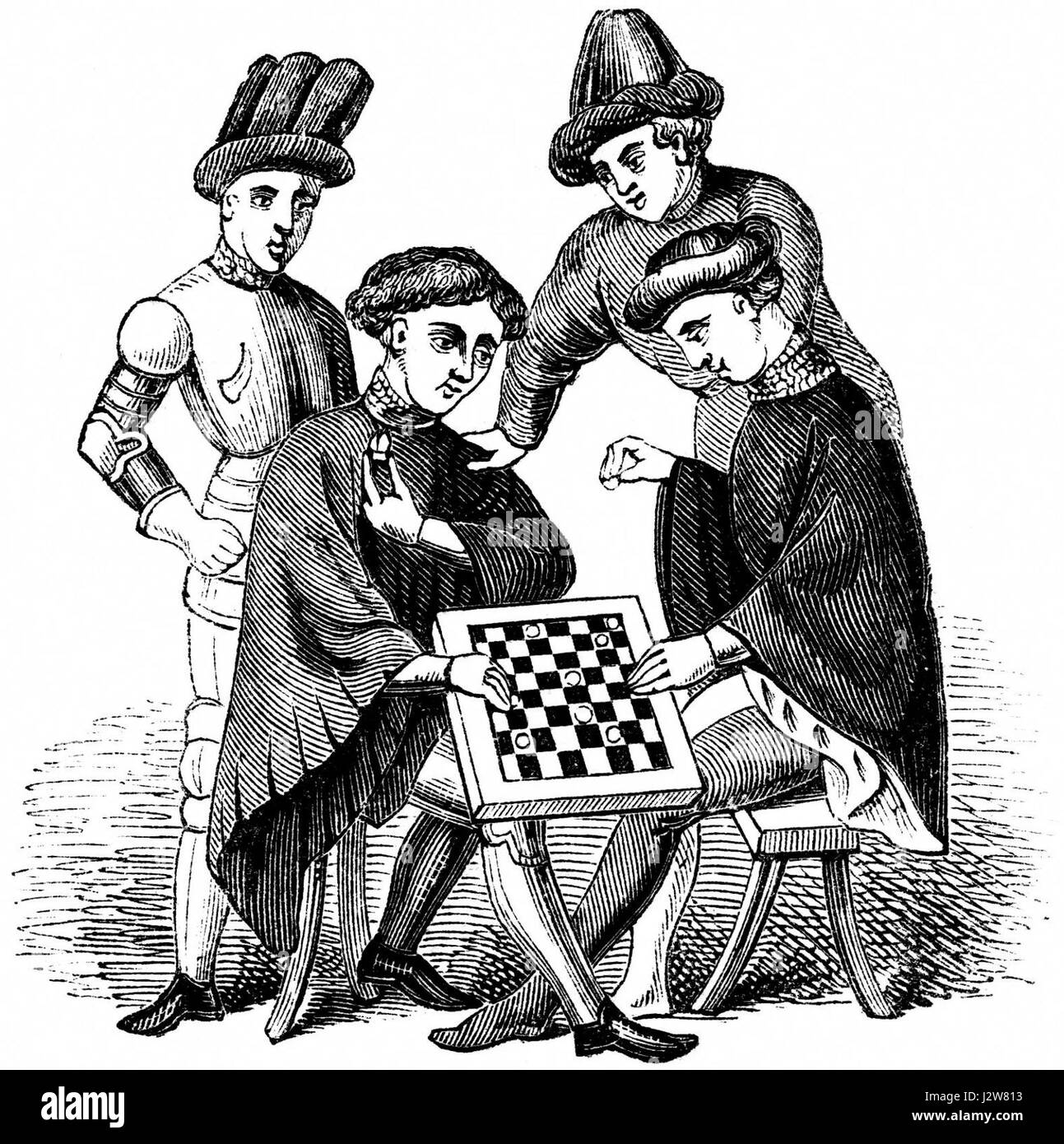 Questa immagine rappresenta una scena di persone che giocano a bozze (dama), un classico gioco da tavolo. Il dipinto riflette l'interazione sociale e il tempo libero nel XVI secolo. Foto Stock