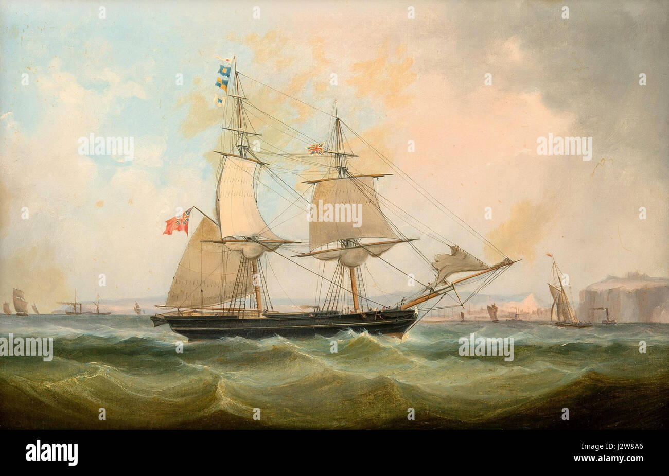 Un bricco mercantile nel Canale di dover, impegnato in attività di trasporto marittimo generale. La nave riflette le pratiche commerciali e il trasporto marittimo durante il XVIII secolo. Foto Stock