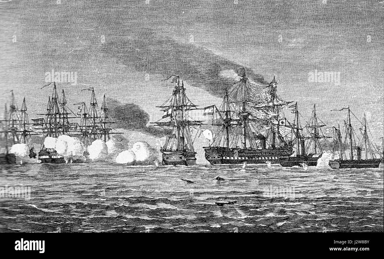 La battaglia di Helgoland, combattuta il 9 maggio 1864, fu uno scontro navale tra Danimarca e Prussia durante la seconda guerra dello Schleswig. Si verificò vicino all'isola di Helgoland nel Mare del Nord, con entrambe le parti che tentarono di ottenere il controllo dei mari. La battaglia si concluse con una vittoria danese, assicurandosi la loro posizione nella guerra. Foto Stock