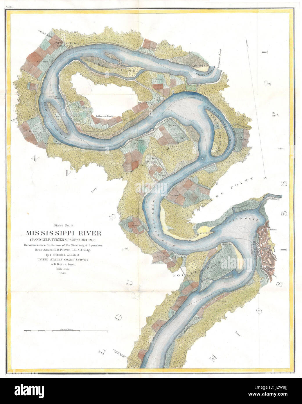 1864 U.S.C.S. Grafico del fiume Mississippi Grand Golfo di nuovo Cartago (Jefferson Davis Plantation) - Geographicus - MissRive2Col-USCS-1864 Foto Stock