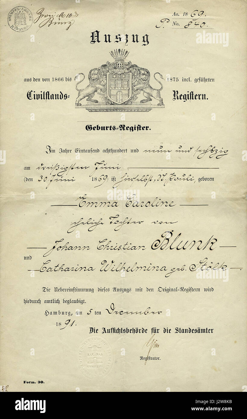1869 Geburtsurkunde Staat Foto Stock