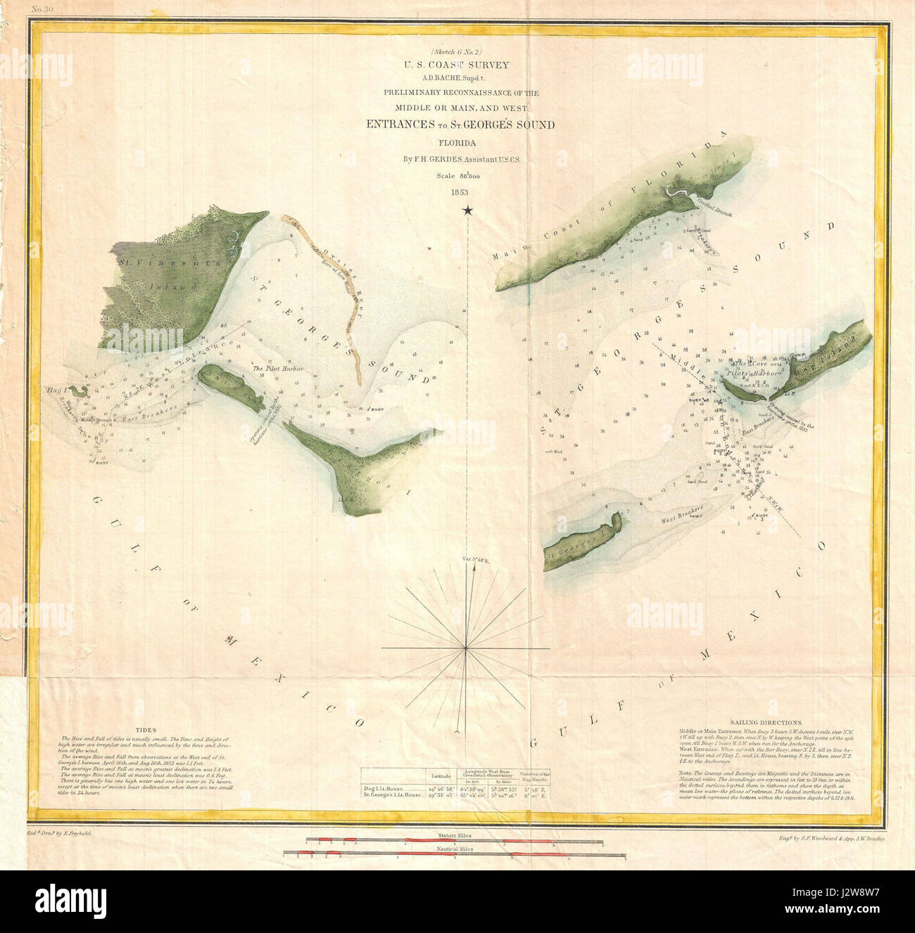 Una mappa della U.S. Coast Survey del 1853 raffigurante St. Georges Sound in Florida, con dettagli geografici della metà del XIX secolo. Foto Stock