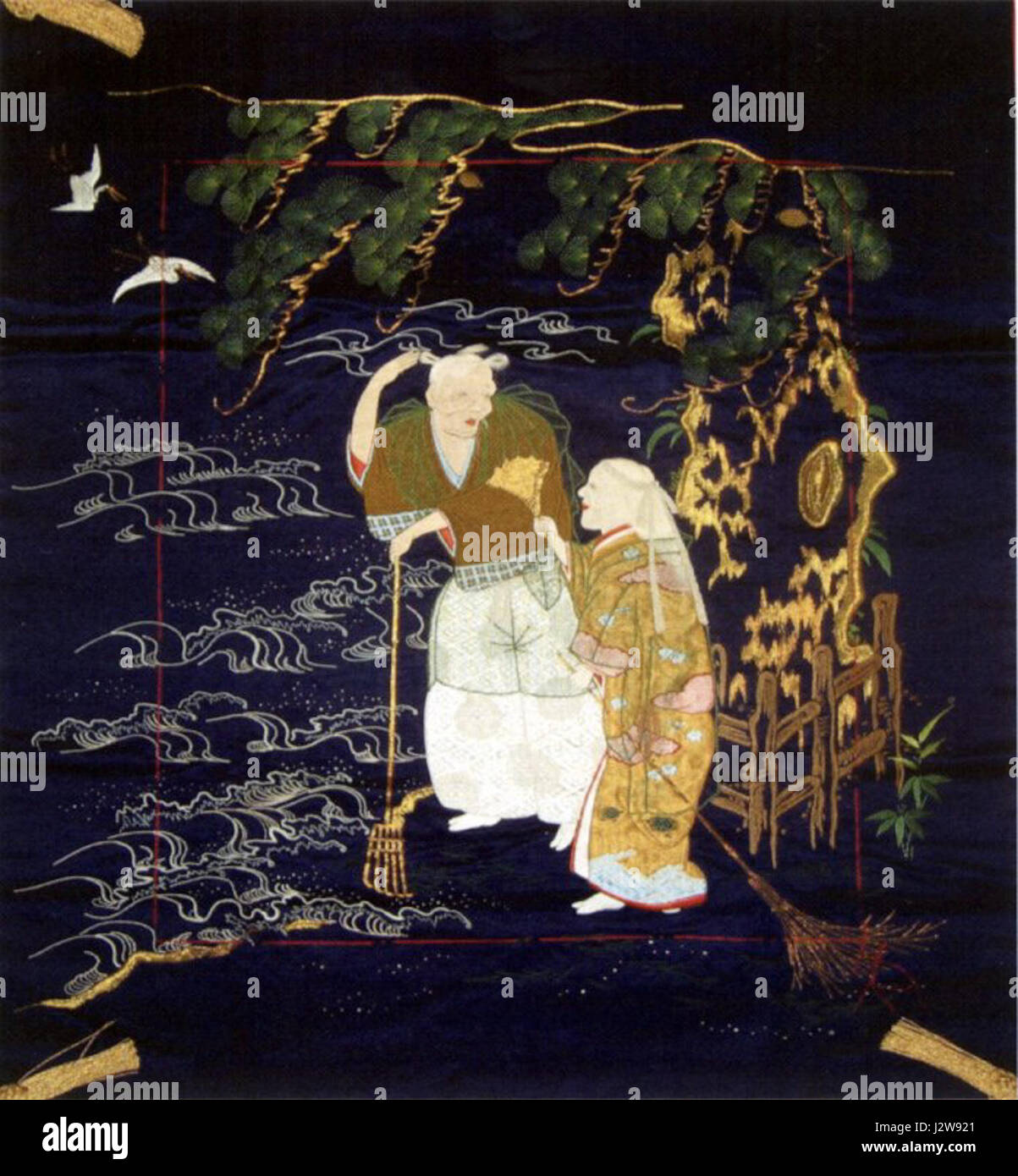 Xix secolo Fukusa raffigurante la leggenda di Takasago con Jo e Uba sotto un pino, seta ricamata e si adagiò oro a filo avvolto su tinti con indaco shusa raso di seta Foto Stock