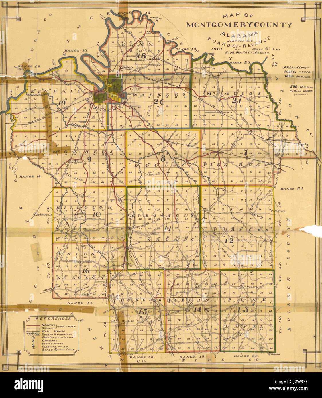 Questo si riferisce a una mappa storica della contea di Montgomery, Alabama, del 1901. Probabilmente mostrerebbe le caratteristiche geografiche, le infrastrutture e i modelli di insediamento della contea di quel tempo, fornendo informazioni sul paesaggio della regione all'inizio del XX secolo. Foto Stock