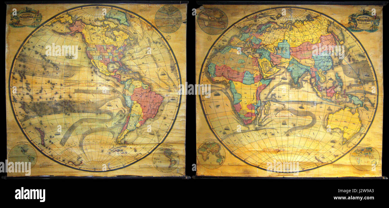 1858 Set di due parete Pelton mappe, Emisfero Occidentale e Emisfero Orientale - Geographicus - World--1858 pelton Foto Stock