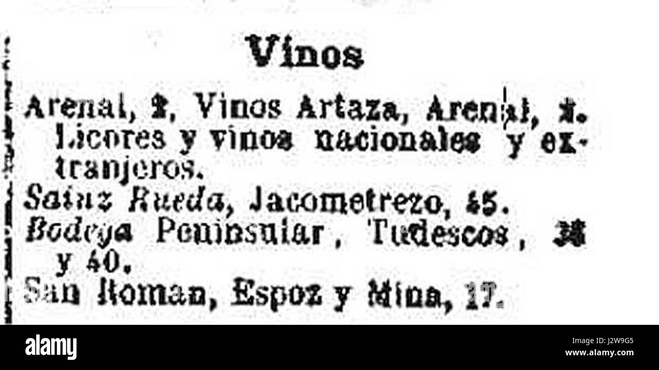Un riferimento del 1887 al negozio di vini e liquori di Sainz Rueda situato in Calle Jacometerzo a Madrid, Spagna, evidenziando il significato dell'insediamento nel commercio locale durante la fine del XIX secolo. Foto Stock