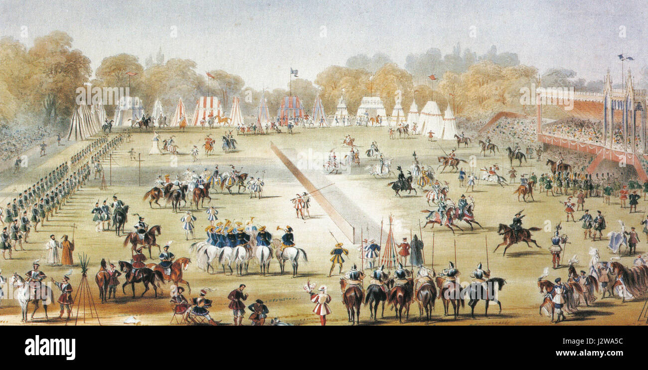 Una rappresentazione storica del Torneo di Eglinton, uno stravagante evento a tema medievale tenutosi nel 1859 in Ontario, Canada, con giostre, sfarzose ed elaborate esposizioni. Foto Stock