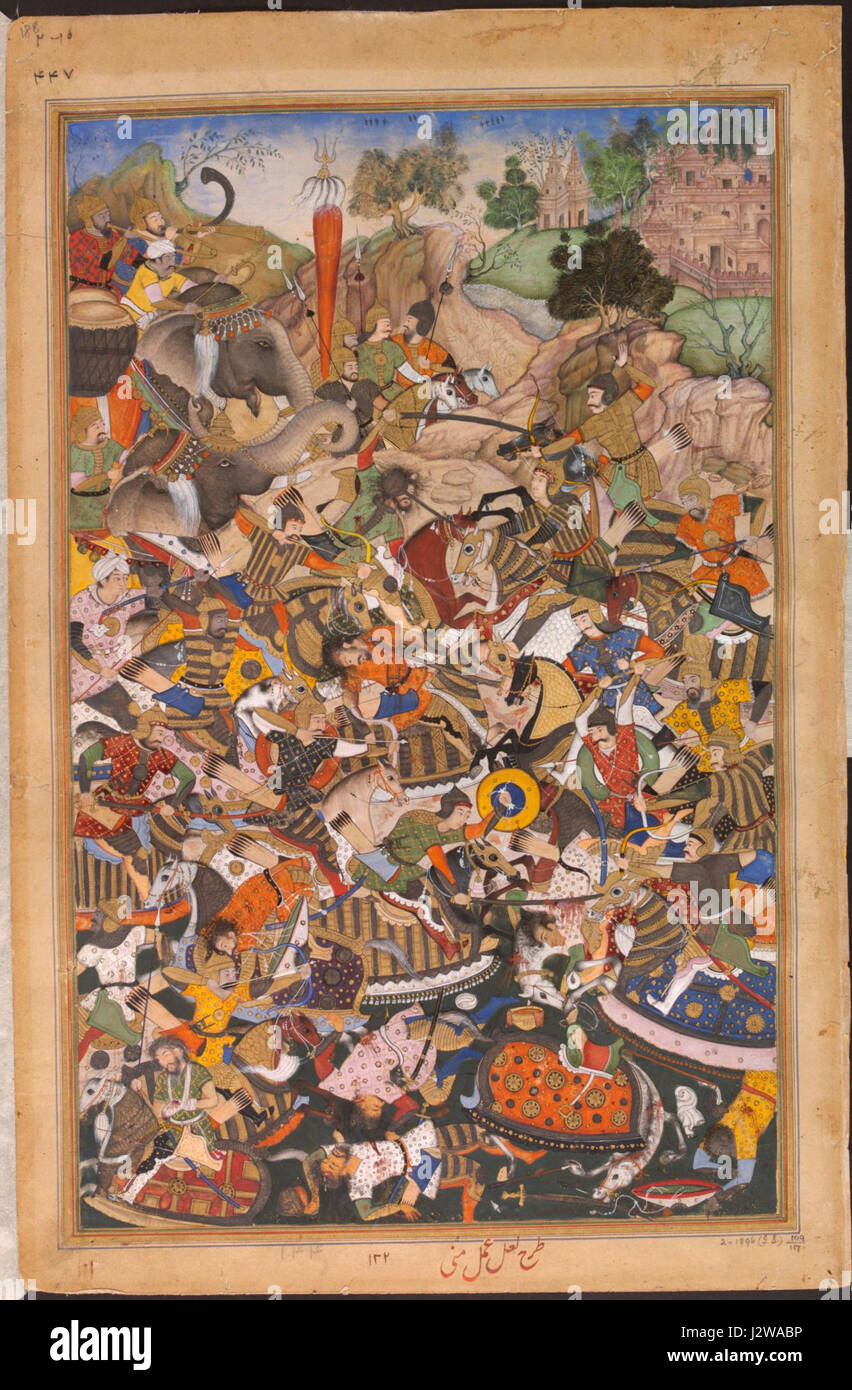 1572 - Akbarnama - Vittoria di Qutb ad-Din e Azim Khan su Muhammed Husain Mirza e Sher Khan Fuladi (sinistra) Foto Stock