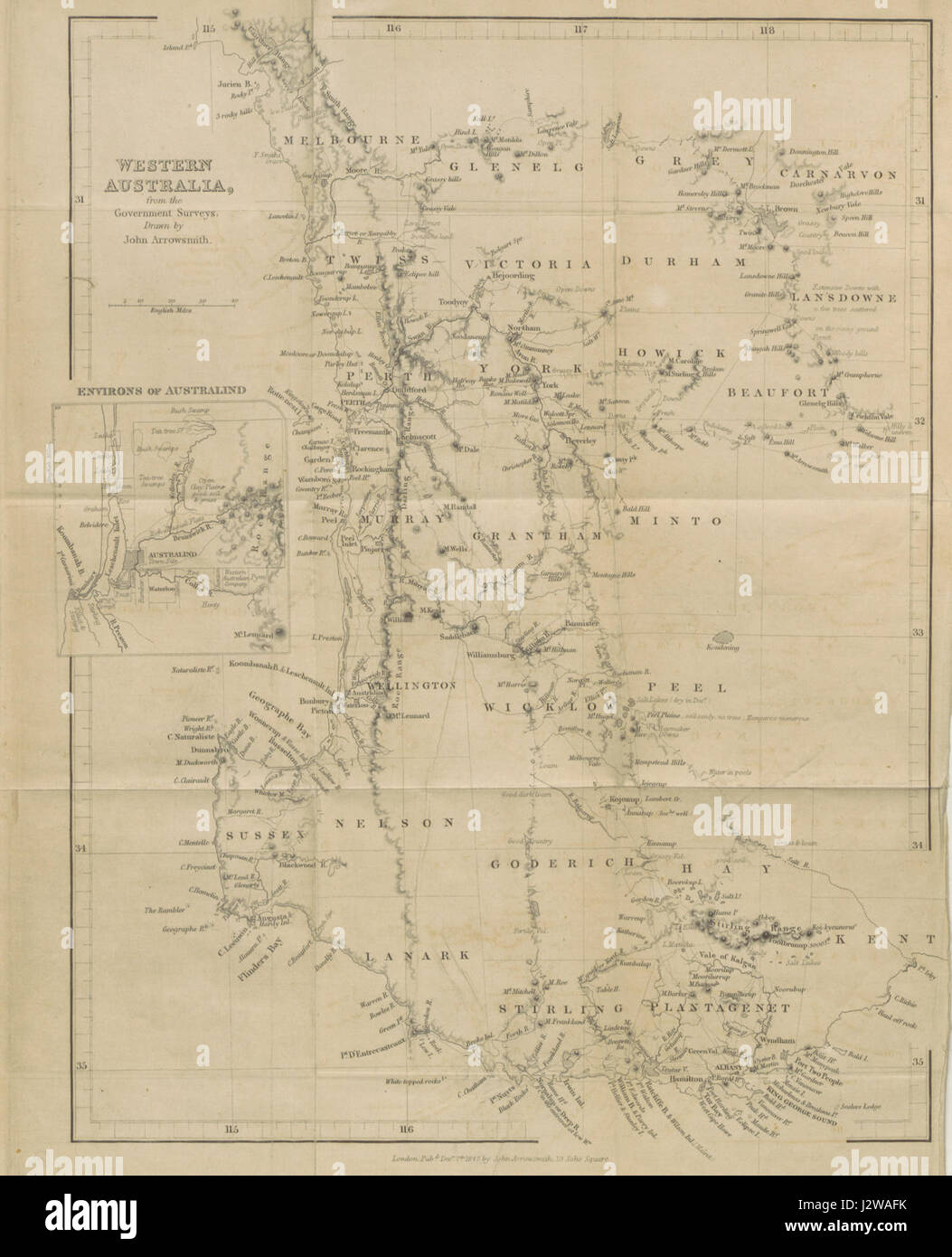 Questa mappa del 1842 dell'Australia Occidentale fornisce una vista storica della regione, mostrando le sue caratteristiche geografiche e i modelli di insediamento durante i primi anni del XIX secolo. Foto Stock