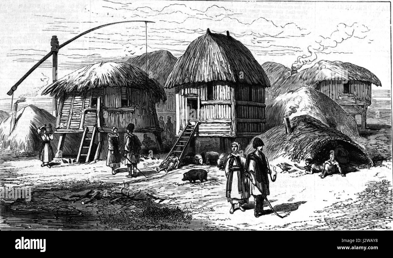 Questa opera storica, intitolata "la guerra - Un villaggio valacchino", del 1877, raffigura una comunità rurale in Valacchia durante la guerra, catturando le difficoltà e le lotte affrontate dagli abitanti del villaggio durante il conflitto. Foto Stock