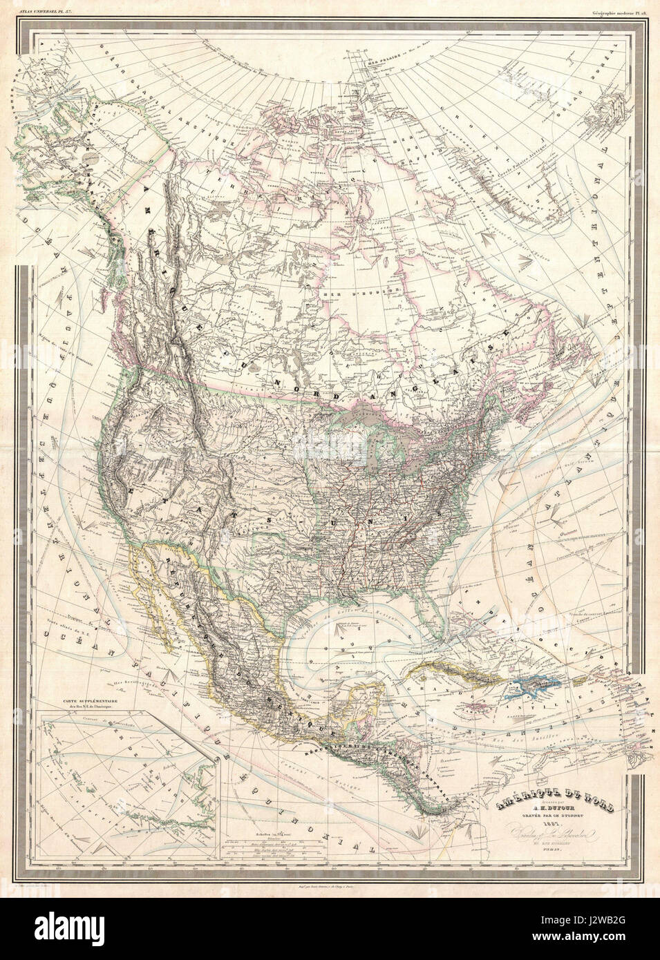 La mappa Dufour del 1857 del Nord America è un'opera cartografica storica, che offre caratteristiche geografiche dettagliate e confini del continente durante la metà del XIX secolo. Foto Stock
