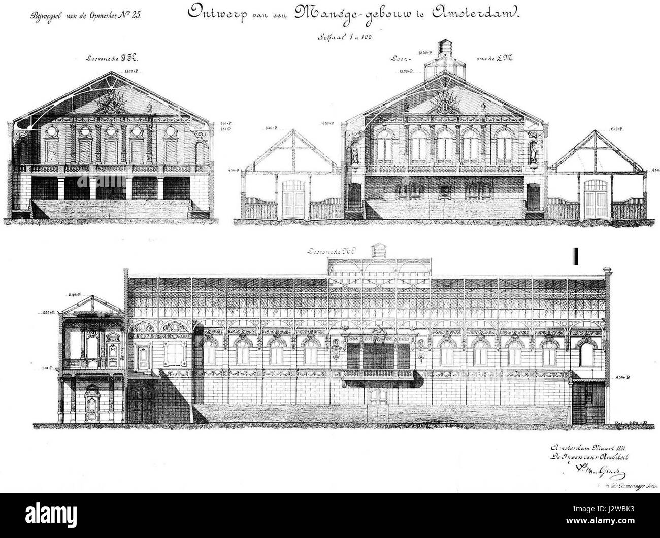 Questa immagine del 1886 mostra la Hollandsche Manege, una rinomata scuola equestre di Amsterdam, che ha una lunga storia di addestramento dei cavalieri e di promozione degli sport equestri nei Paesi Bassi. Foto Stock