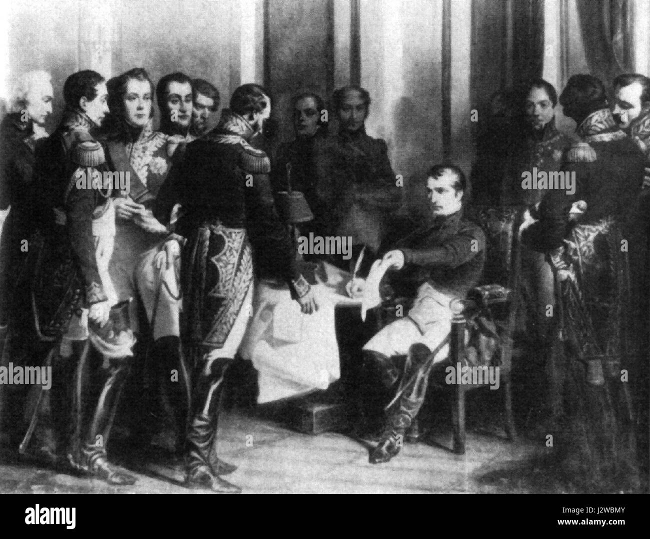 Questo si riferisce all'abdicazione di Napoleone Bonaparte, avvenuta nel 1814, segnando la fine del suo regno come imperatore di Francia. Questo evento lo portò all'esilio sull'isola d'Elba. Foto Stock