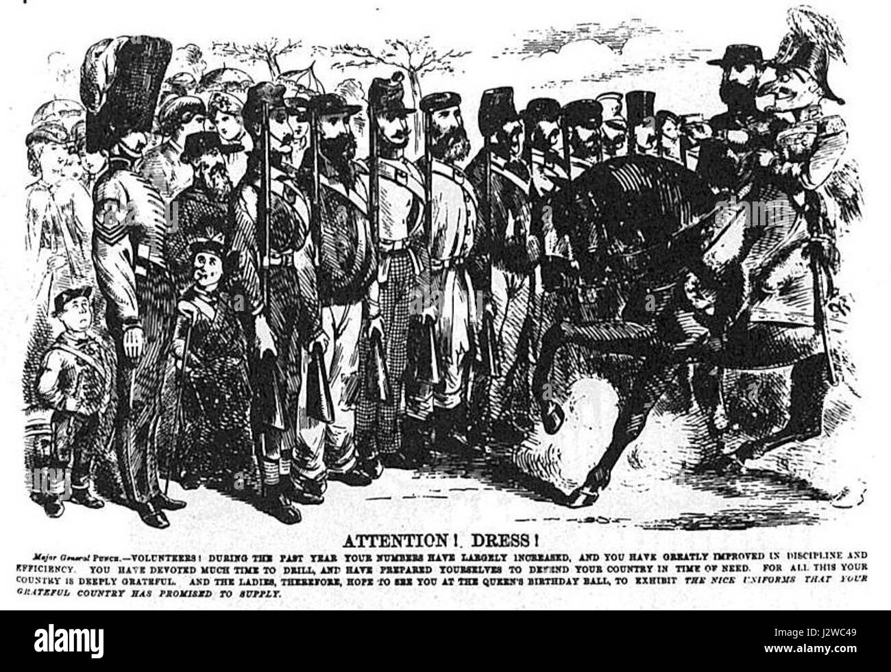 Un riferimento ad un'immagine o ad un'illustrazione della rivista *Punch*, datata 1865, incentrata sulla moda o sui temi sociali dell'epoca, forse evidenziando un abito o una tendenza alla moda. Foto Stock