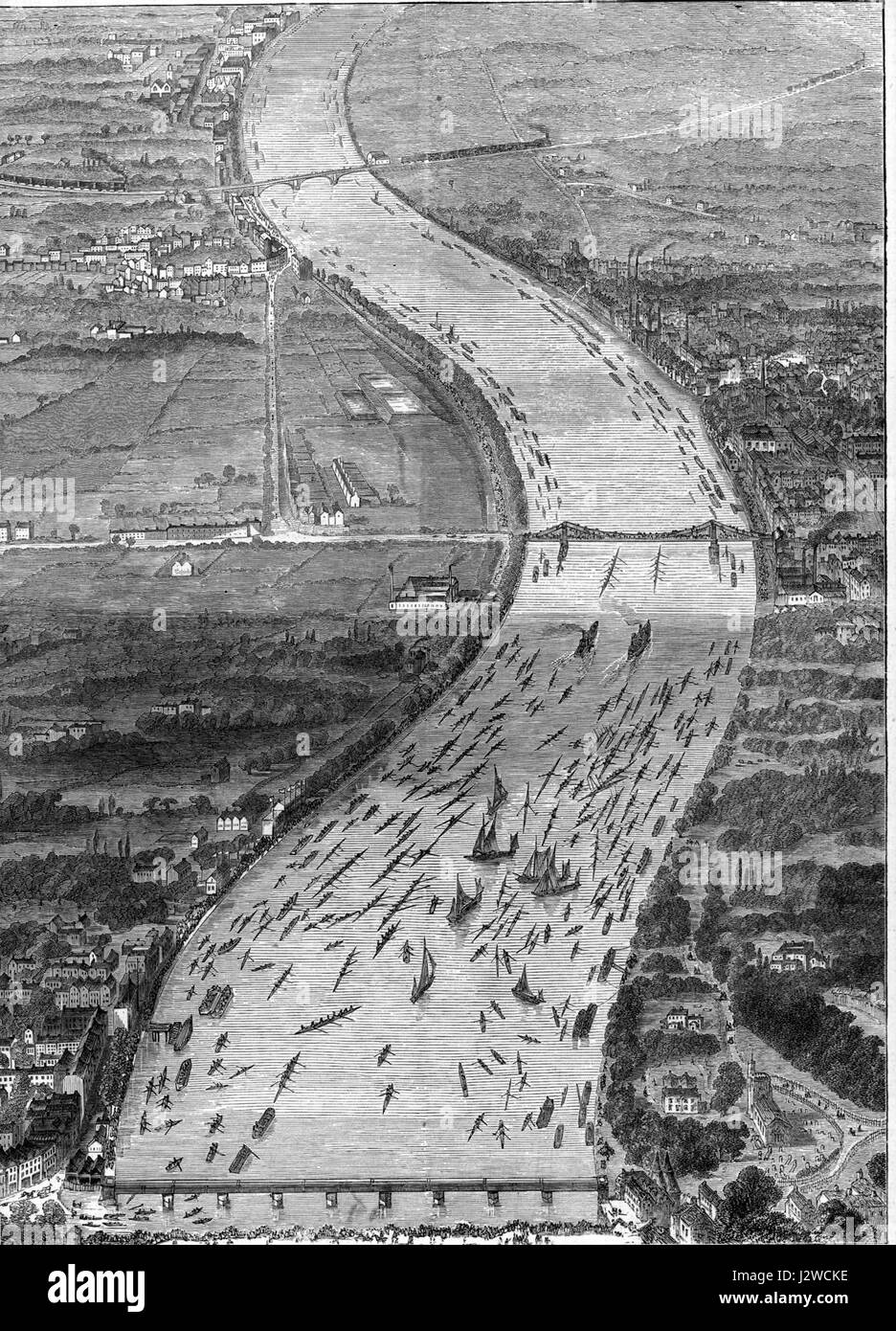 La Oxford-Cambridge Boat Race del 1870 fu un evento significativo nella lunga competizione tra le due università. Questa gara fa parte di una rivalità storica che risale al 1829, simboleggiando l'orgoglio universitario e la tradizione atletica. Foto Stock