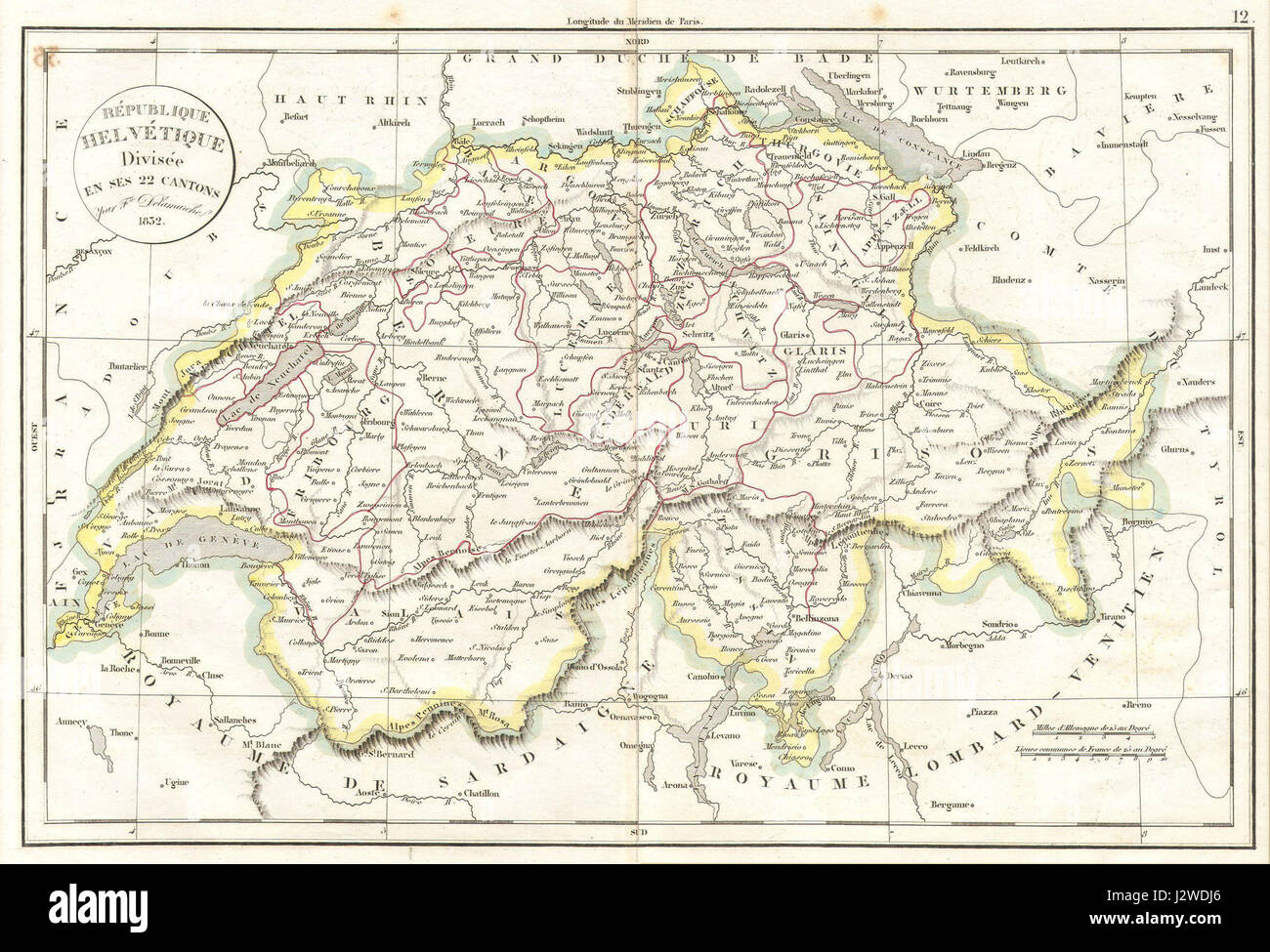 La mappa di Delamarche del 1832 offre una rappresentazione geografica dettagliata del paesaggio svizzero, evidenziando le principali città, montagne e fiumi durante il XIX secolo. Foto Stock