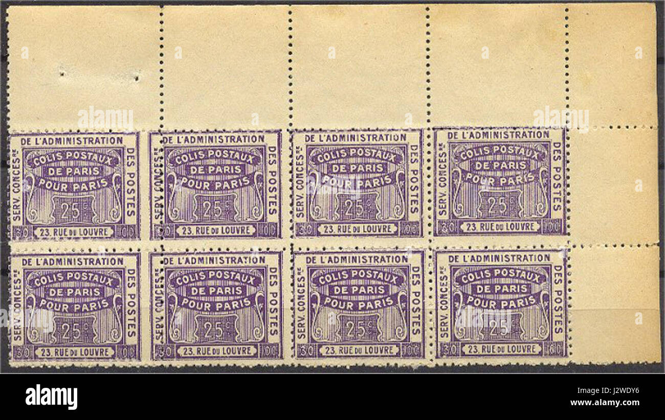 I francobolli ferroviari di 1919 25 centesimi per Parigi rappresentano un esempio storico di storia postale legata al sistema ferroviario della città. Questi francobolli sono oggetti da collezione che riflettono l'epoca dei trasporti all'inizio del XX secolo. Foto Stock