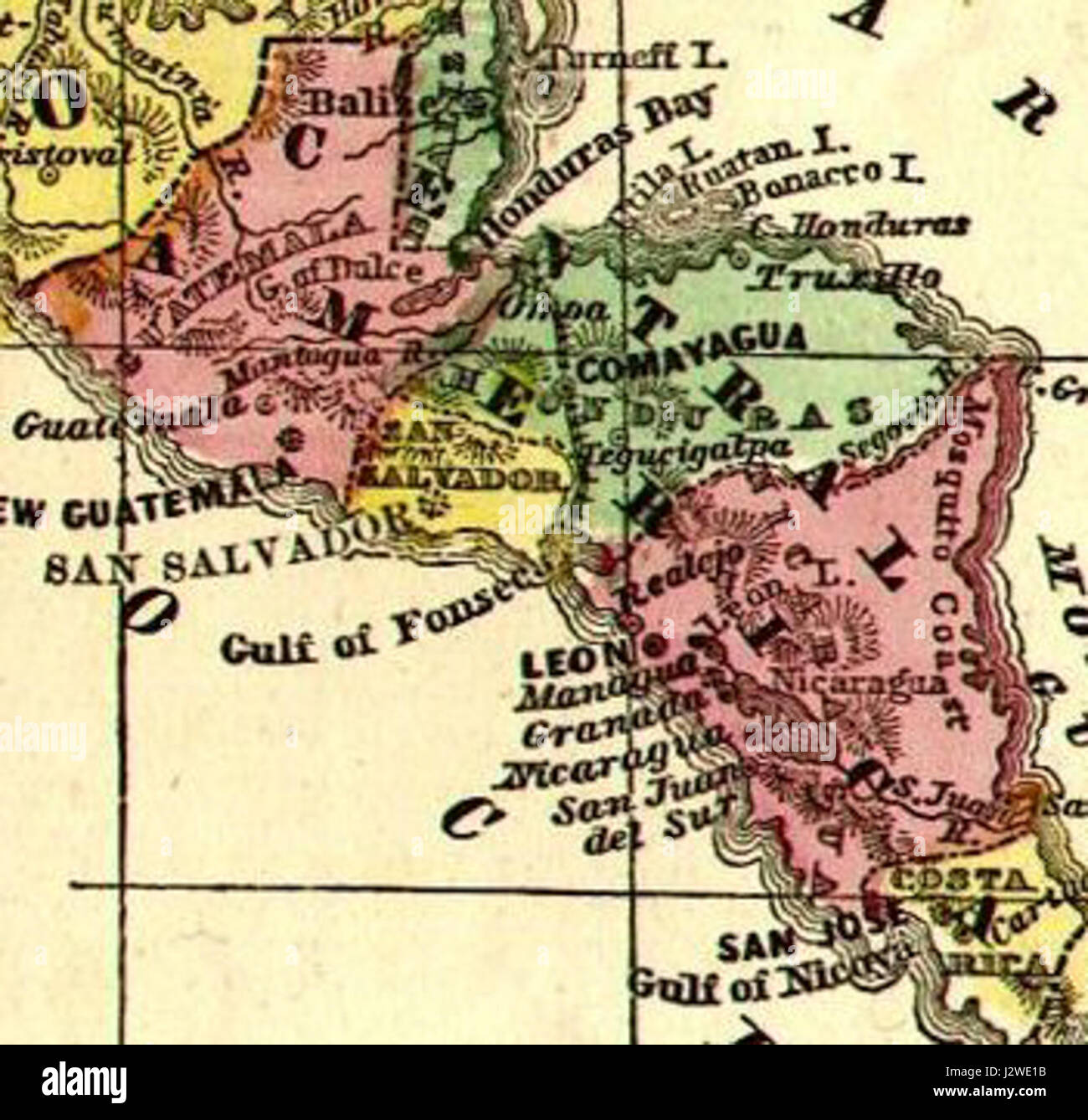 Questa mappa dell'America centrale del 1860 fornisce una visione storica dei confini geografici e politici della regione durante il XIX secolo, riflettendo il paesaggio politico dell'epoca. Foto Stock