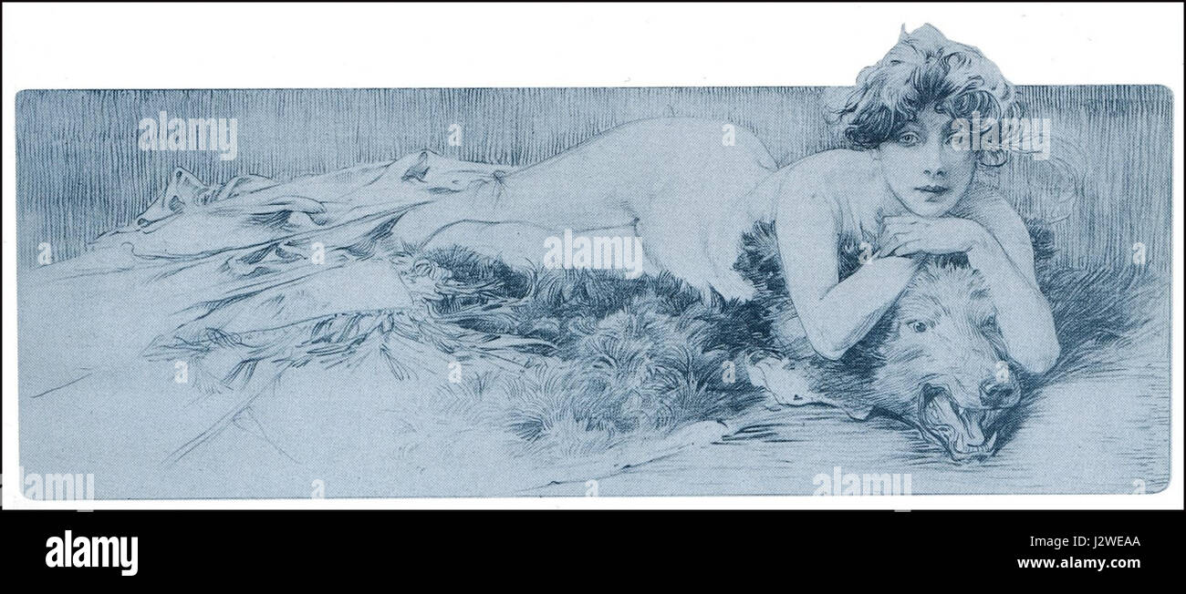 Un riferimento artistico alle opere decorative create da Alphonse Mucha nel 1901, forse includendo disegni per documenti, poster o altre forme di arte visiva. Mucha era noto per il suo stile Art Nouveau. Foto Stock