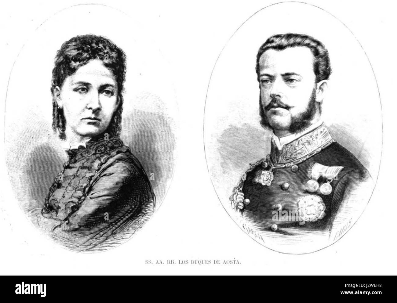 Questa immagine raffigura re Amedeo i di Spagna e la sua consorte, evidenziando il loro status reale nel 1870. Amedeo i fu re di Spagna per un breve periodo durante la fine del XIX secolo, noto per il suo breve e travagliato regno. Foto Stock