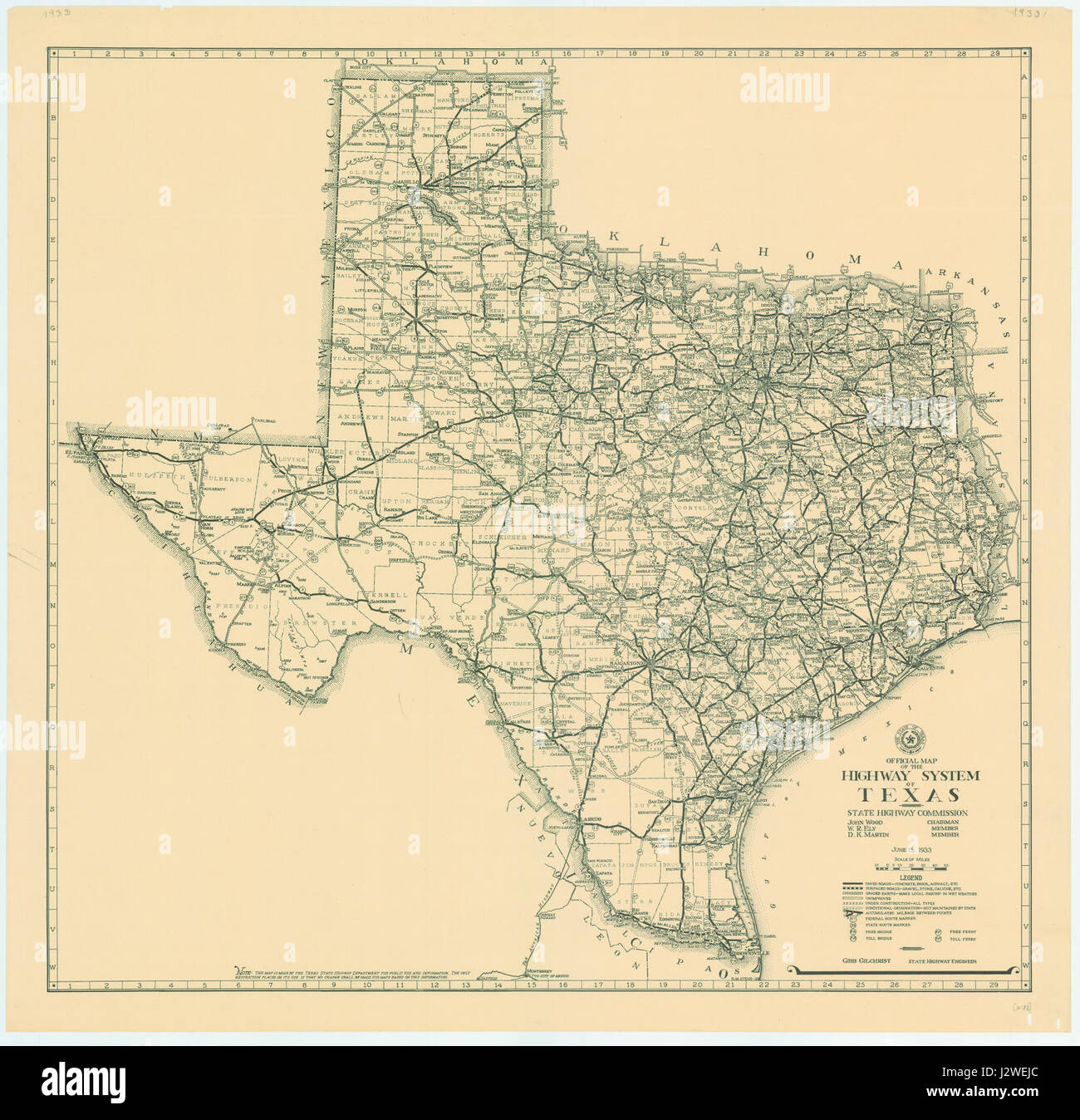 1933 Texas statale mappa Foto Stock