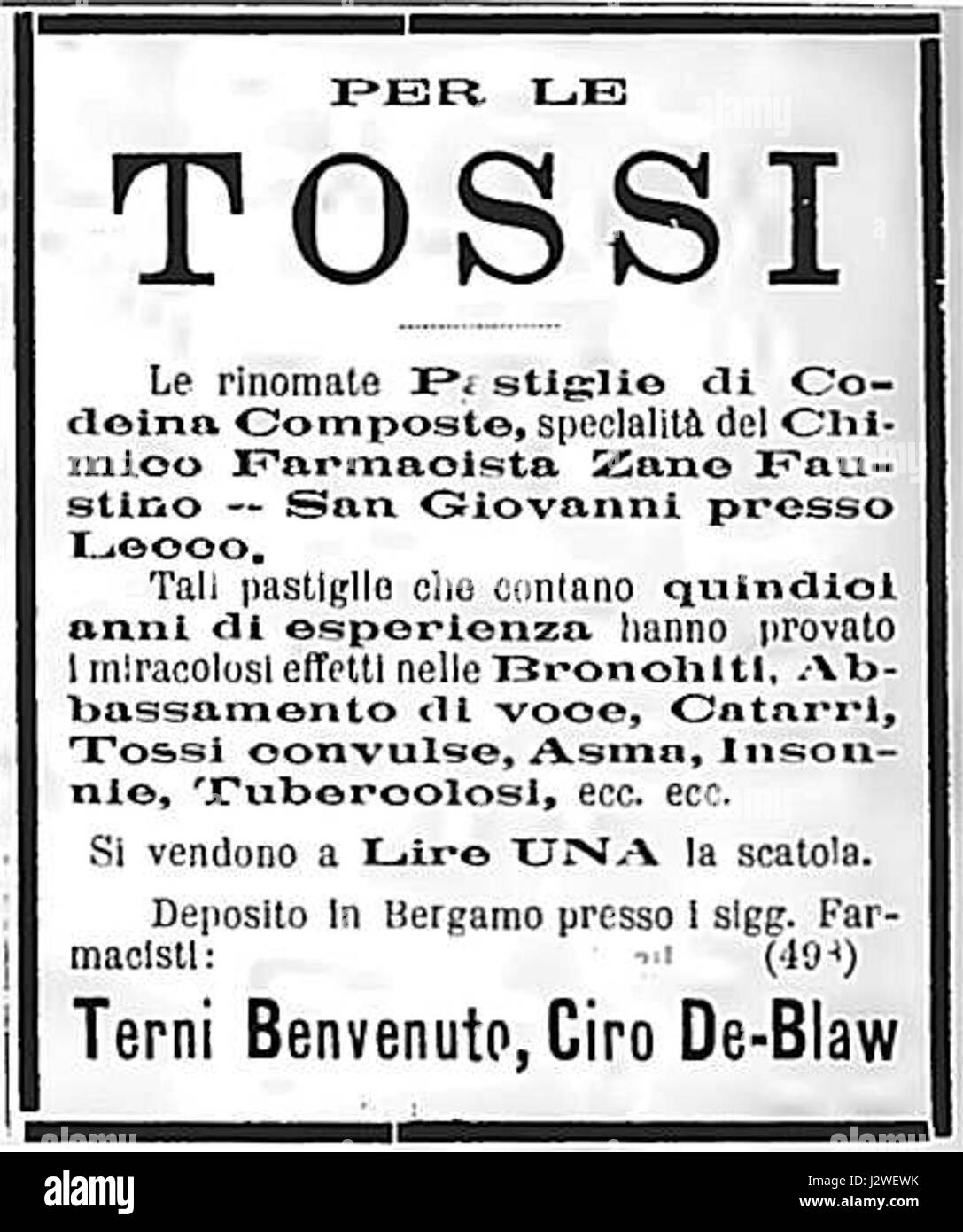 Una pubblicità medica dal 2 gennaio 1890, per compresse di tosse a base di codeina. Questo documento storico fornisce uno sguardo alla medicina e al marketing farmaceutico del XIX secolo. Foto Stock