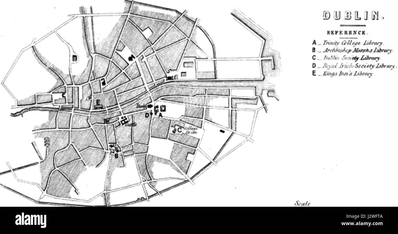 Una mappa del 1849 raffigurante le biblioteche pubbliche di Dublino, accompagnata da un rapporto della Commissione di selezione della camera dei comuni. Questo documento storico riflette lo sviluppo delle biblioteche pubbliche in Irlanda durante il XIX secolo. Foto Stock