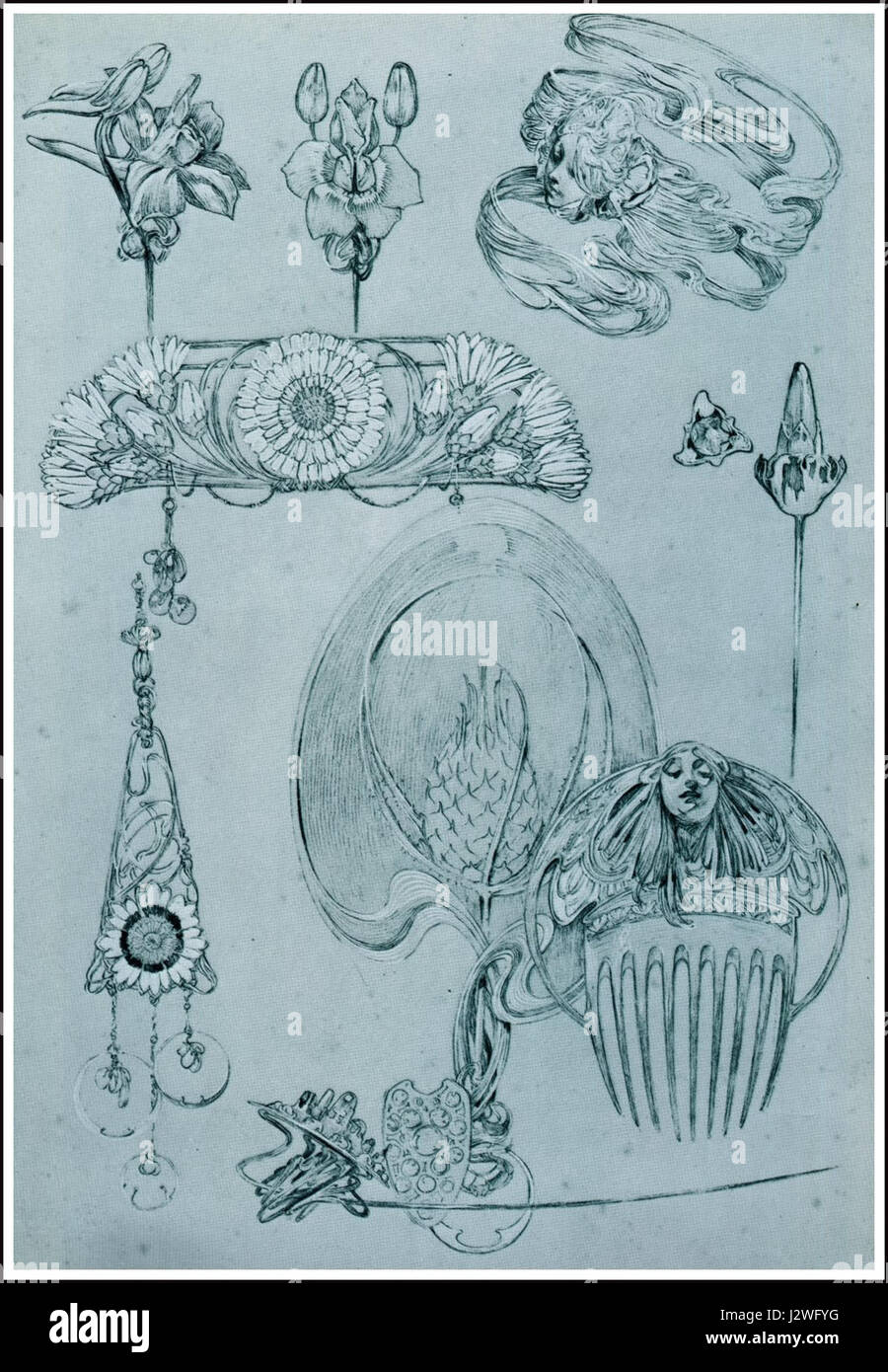 Questa collezione, '50 Mucha Documents decoratifs 1901', presenta opere decorative di Alphonse Mucha, una figura di spicco del movimento Art Nouveau. Le opere del 1901 riflettono lo stile iconico di Mucha, con motivi intricati e motivi floreali. Foto Stock