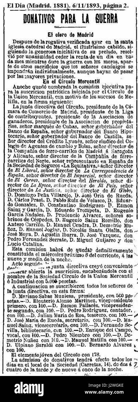Questo documento del 1893 riguarda il *Circulo Mercantil*, una società mercantile spagnola, e le sue donazioni per lo sforzo bellico. Sottolinea il ruolo dei gruppi mercantili nel sostenere le cause durante la fine del XIX secolo. Foto Stock