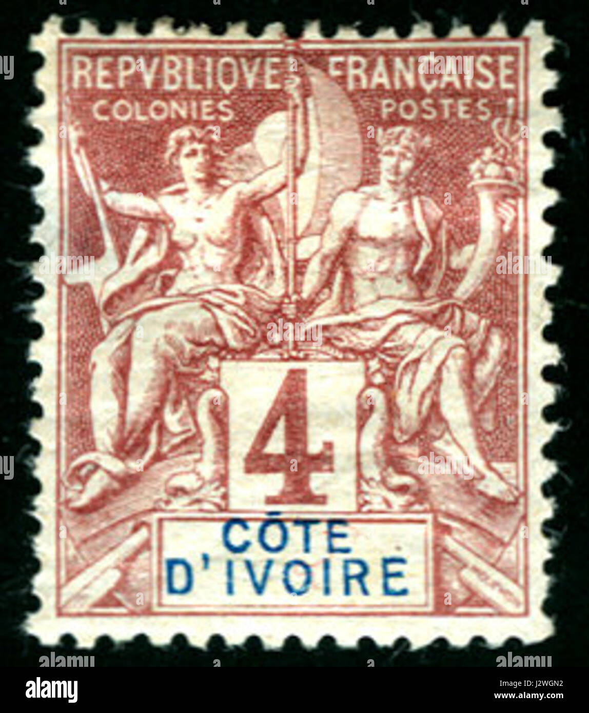 Il "francobollo 4c 1892 della Costa d'Avorio" si riferisce a un francobollo emesso dalla Costa d'Avorio (ora CÃ d'Avorio) nel 1892. Il francobollo, valutato 4 centime, è un pezzo di storia postale dell'Africa coloniale francese. Foto Stock