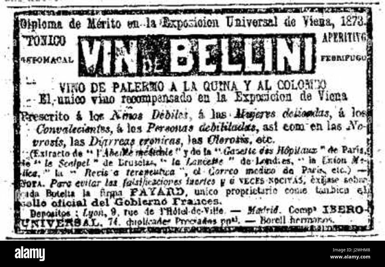 "VIN de Bellini Palermo 1874" è un riferimento a un vino d'annata di Palermo, in Italia, prodotto alla fine del XIX secolo, noto per il suo legame con la storia del vino italiano. Foto Stock