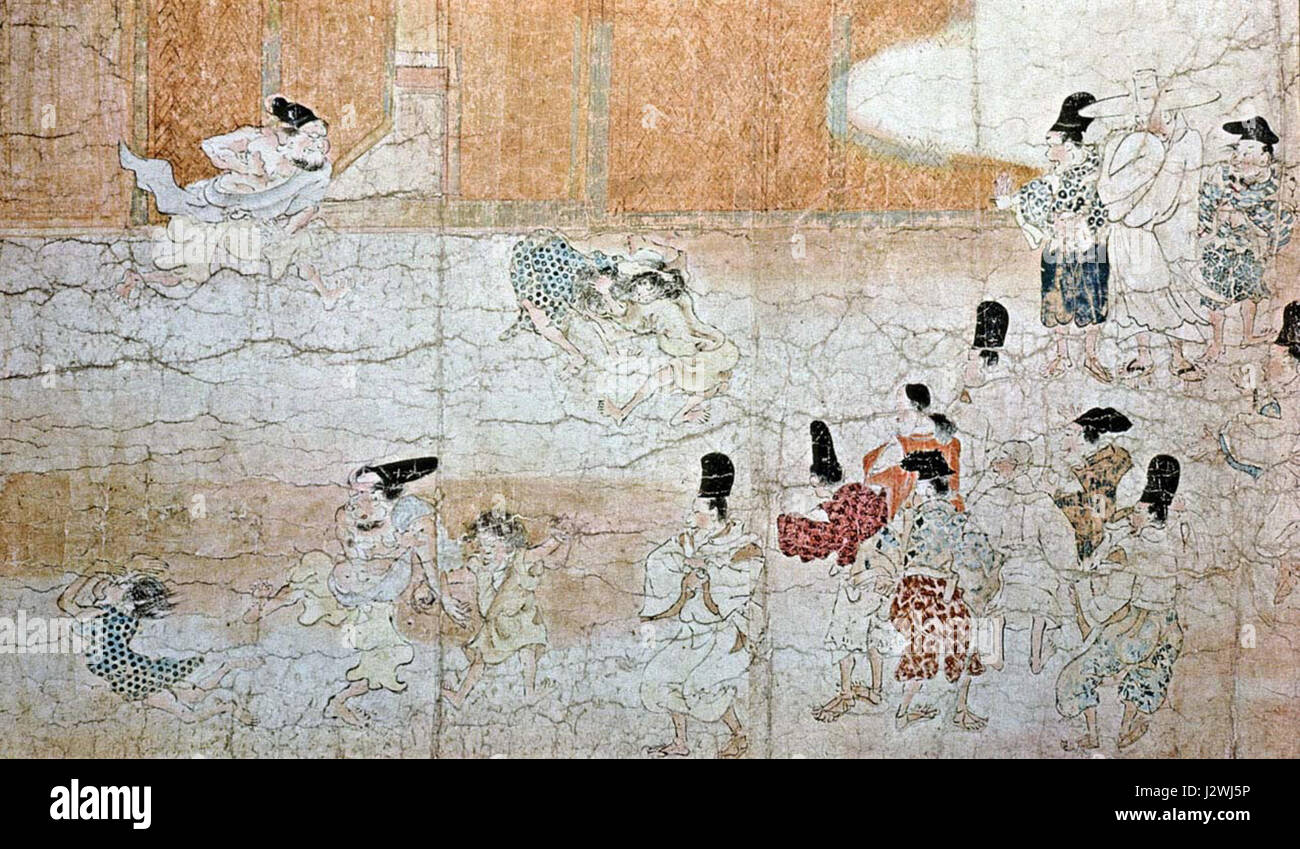 Il dipinto "Ban Dainagon Ekotoba" di un artista sconosciuto raffigura una scena di combattimento per bambini. Questa opera d'arte fa parte del genere Ekotoba, che cattura scene quotidiane del passato giapponese, offrendo una visione della vita sociale durante il periodo. Foto Stock