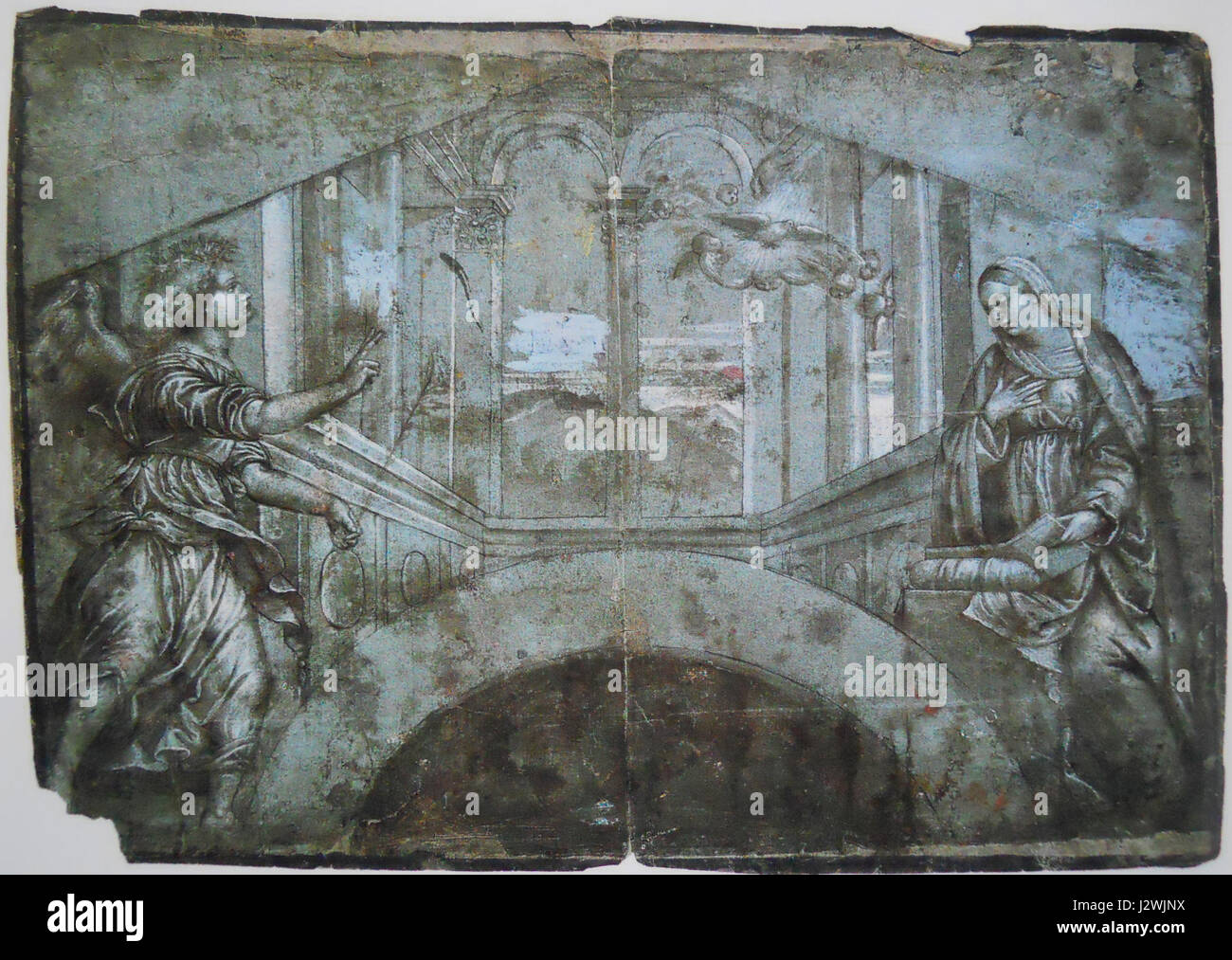 Il modello dell'Annunciazione di Moretto raffigura il momento biblico in cui l'Angelo Gabriele annuncia alla Vergine Maria che concepirà il figlio di Dio. Si tratta di un'opera chiave nell'arte religiosa rinascimentale, che mostra un uso drammatico del colore e della composizione. Foto Stock