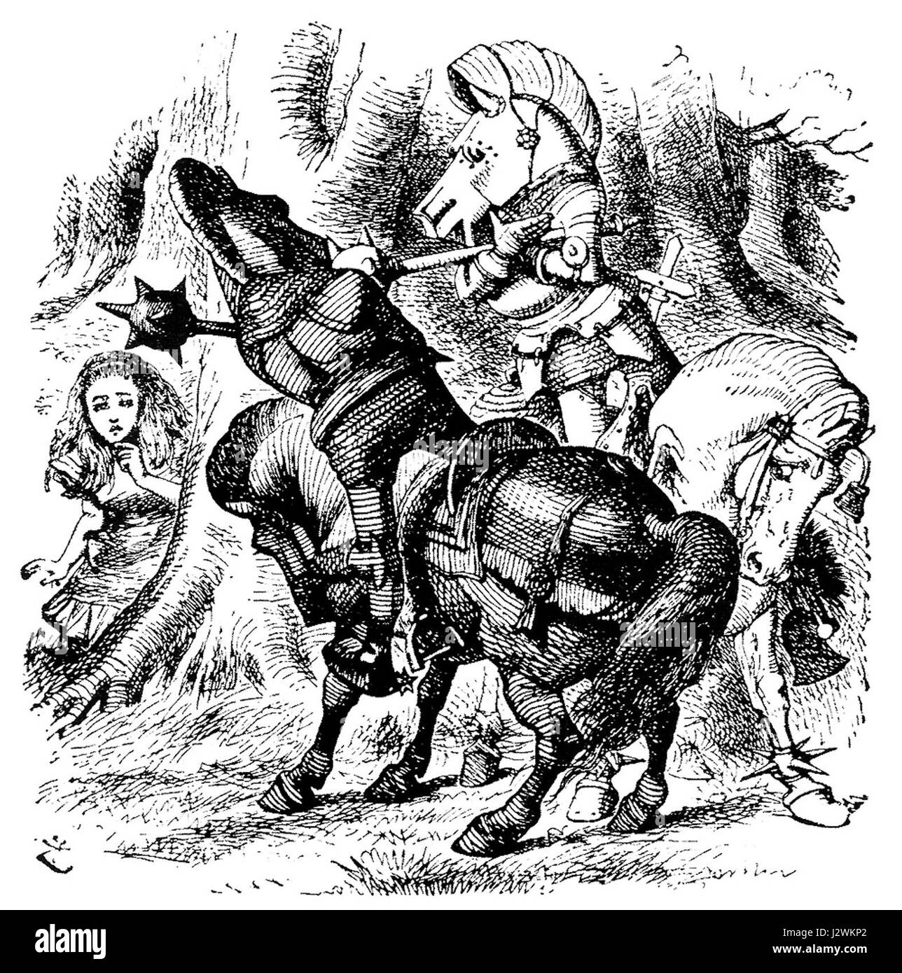 In questa scena, Alice si nasconde dietro un albero, un momento tratto dal classico di Lewis Carroll "Alice's Adventures in Wonderland". Questa scena cattura la curiosità e il senso di avventura di Alice mentre naviga attraverso il Paese delle meraviglie. Foto Stock