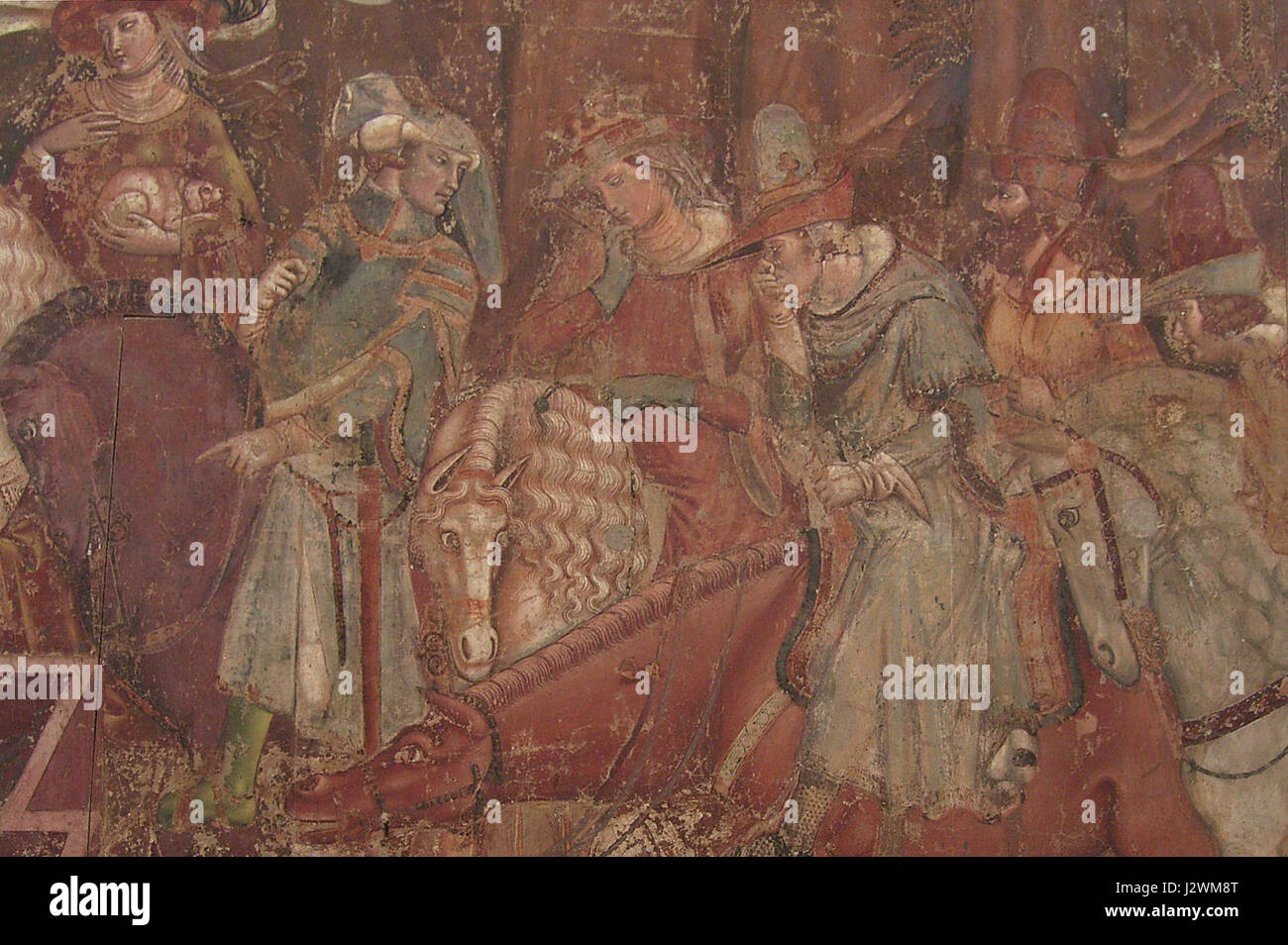 Trionfo della morte di Bonamico Buffalmacco raffigura una scena dettagliata dove i vivi incontrano i morti, sottolineando la prospettiva medievale sulla mortalità e l'aldilà. Foto Stock