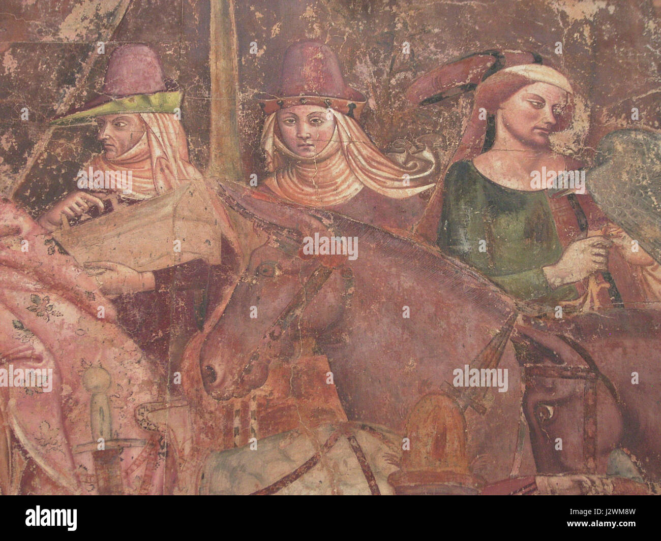 Il Trionfo della morte di Bonamico Buffalmacco include una dettagliata raffigurazione di una coppia con la bara del loro bambino, che riflette temi medievali della mortalità e dell'aldilà nell'arte italiana. Foto Stock