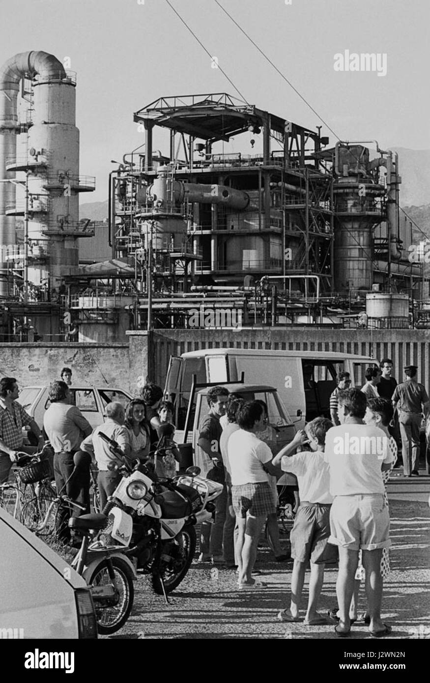 Veduta dello stabilimento Farmoplant dopo incendio Foto Stock