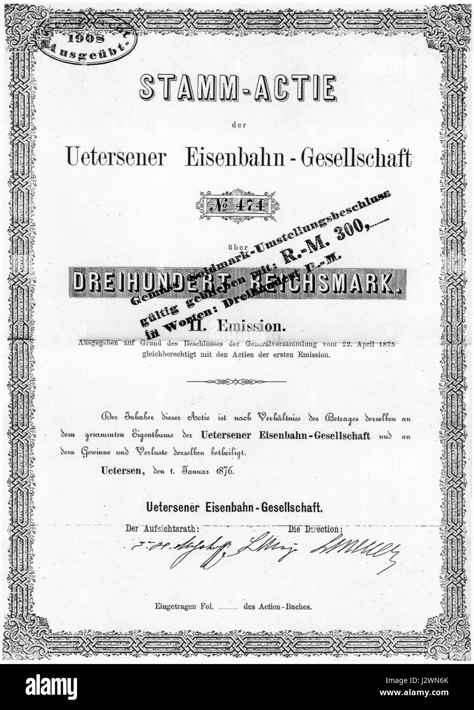 Uetersener Aktie Eisenbahn Gesellschaft 300RM 1876 Foto Stock