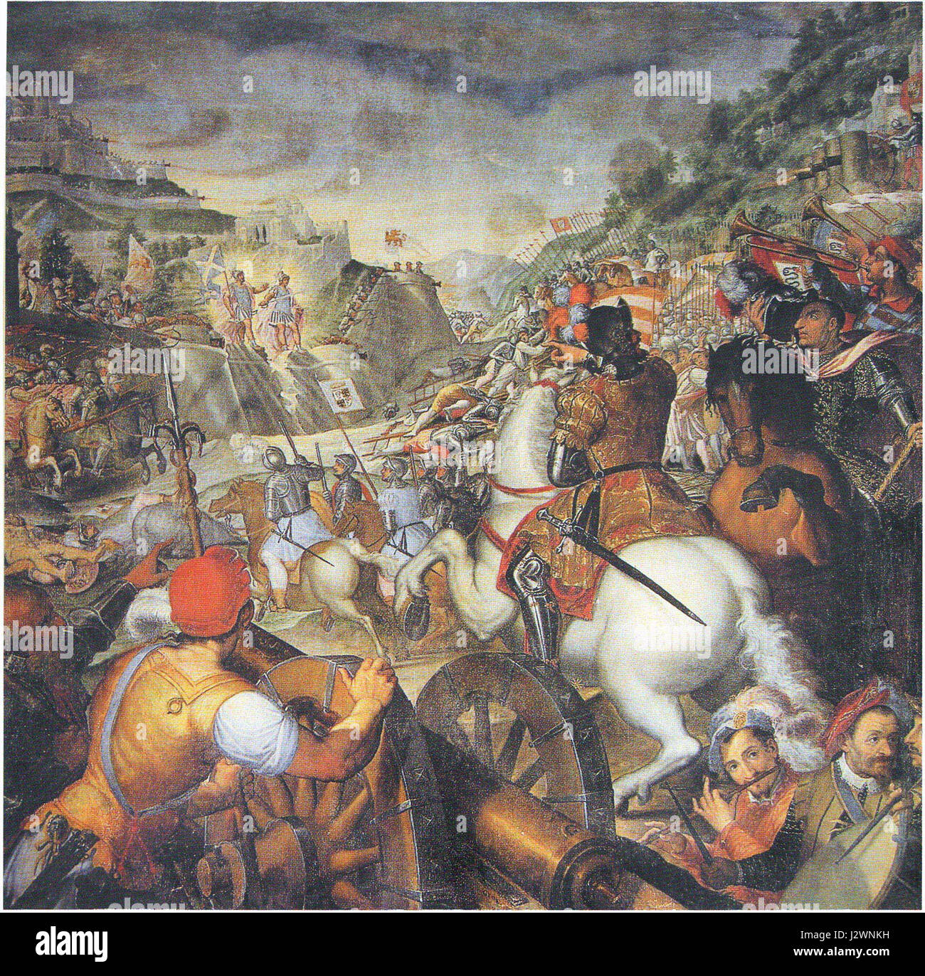 Il dipinto "apparizione dei santi Faustino e Giovita in difesa di Brescia" raffigura l'apparizione dei santi Faustino e Giovita, a difesa della città di Brescia. L'opera riflette temi religiosi e storici di protezione e di intervento divino durante i periodi di conflitto. Foto Stock