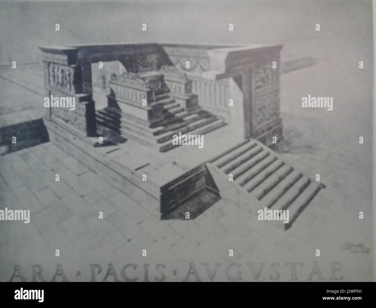 La ricostruzione dell'Ara Pacis, un antico altare romano dedicato a Pax, la dea romana della pace. La struttura mette in evidenza i dettagli rilievi e le sculture che narrano la pace e la prosperità durante il regno di Augusto. Foto Stock