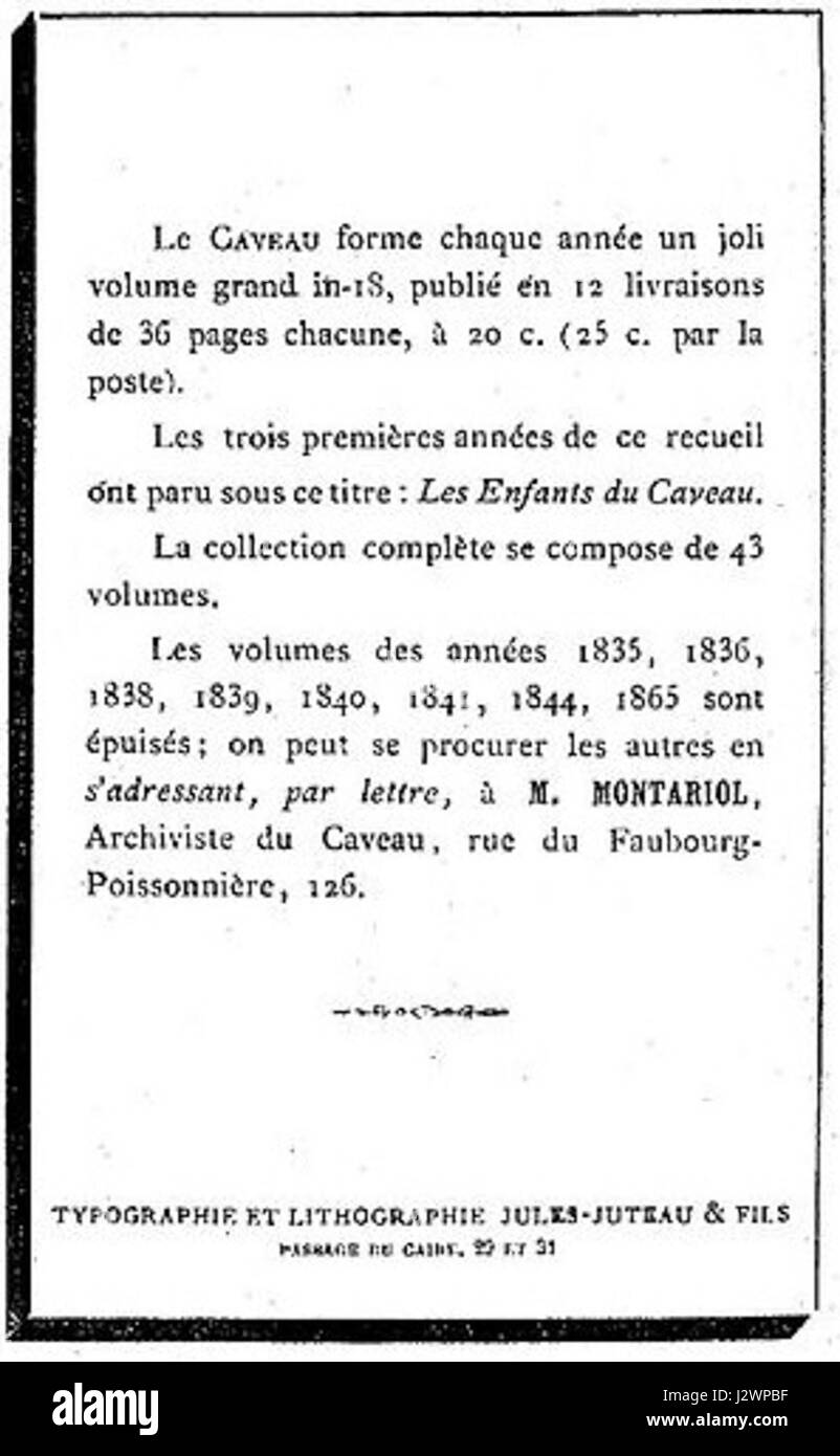 Una pubblicità francese del 1877, probabilmente promuovendo un prodotto o un servizio, con "Caveau" che fa riferimento a un deposito, probabilmente legato all'industria del vino o funeraria. Foto Stock
