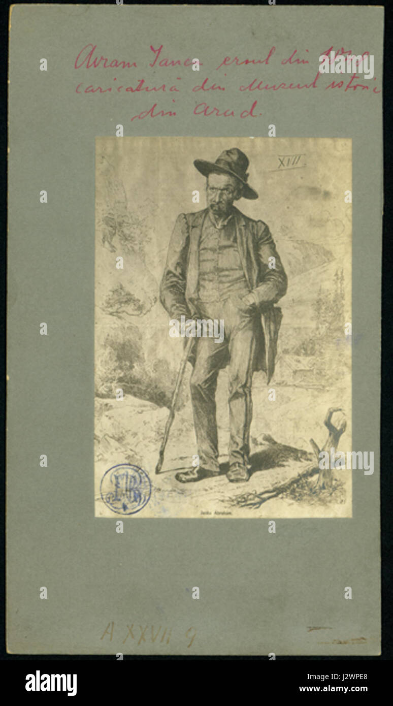 Una caricatura di Avram Iancu, un eroe nazionale della Romania, dal Museo di storia di Arad, Romania. Il pezzo riflette un ritratto satirico di Iancu, noto per il suo ruolo nella rivoluzione ungherese del 1848. Foto Stock