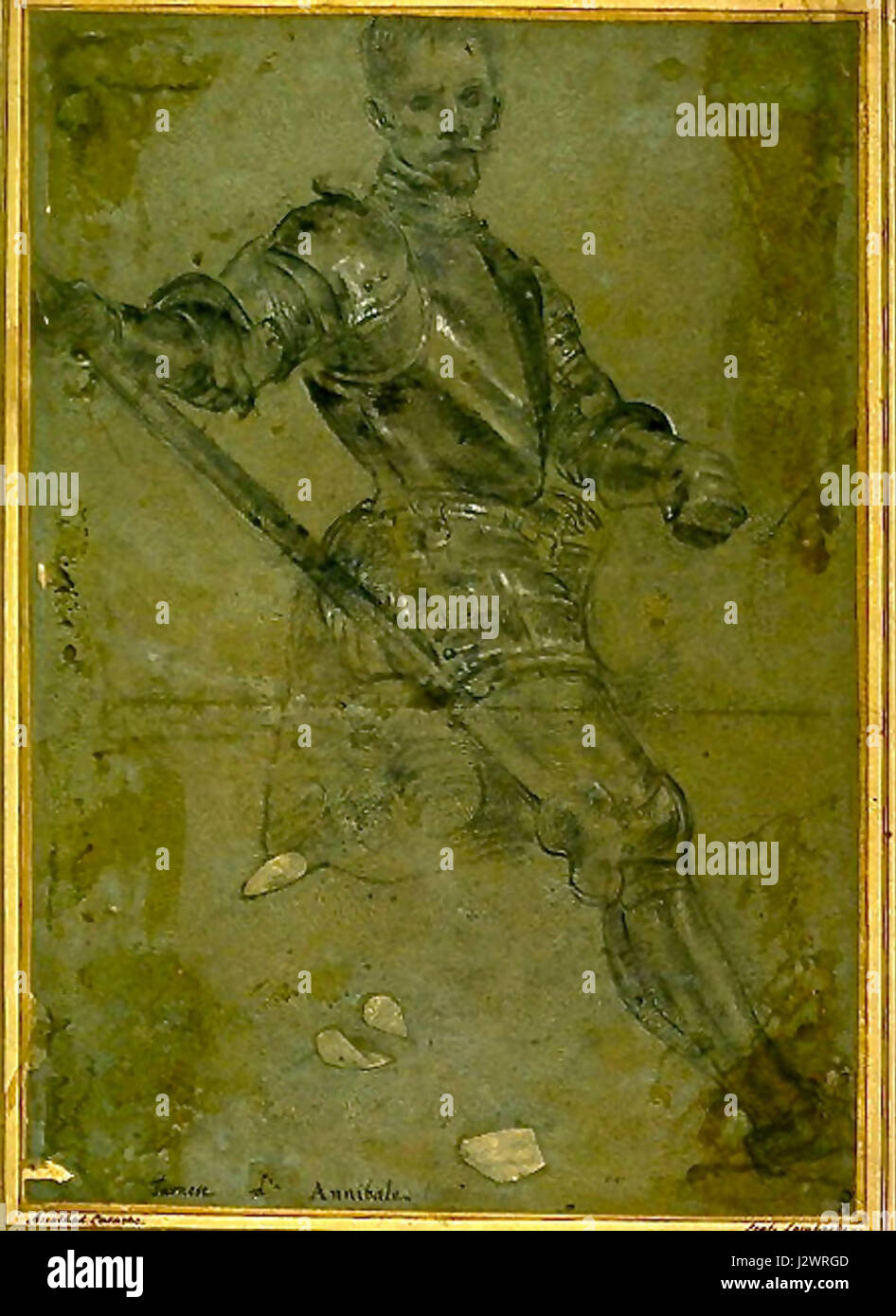 Lo "Studio per un ritratto equestre di Alessandro Farnese" di Annibale Carracci è uno studio preparatorio per un ritratto equestre di Alessandro Farnese, un'importante figura nobile. Questo lavoro è un esempio significativo della maestria di Carracciâ nella ritrattistica, dimostrando la sua abilità nel catturare il potere e la nobiltà del suo soggetto. Foto Stock