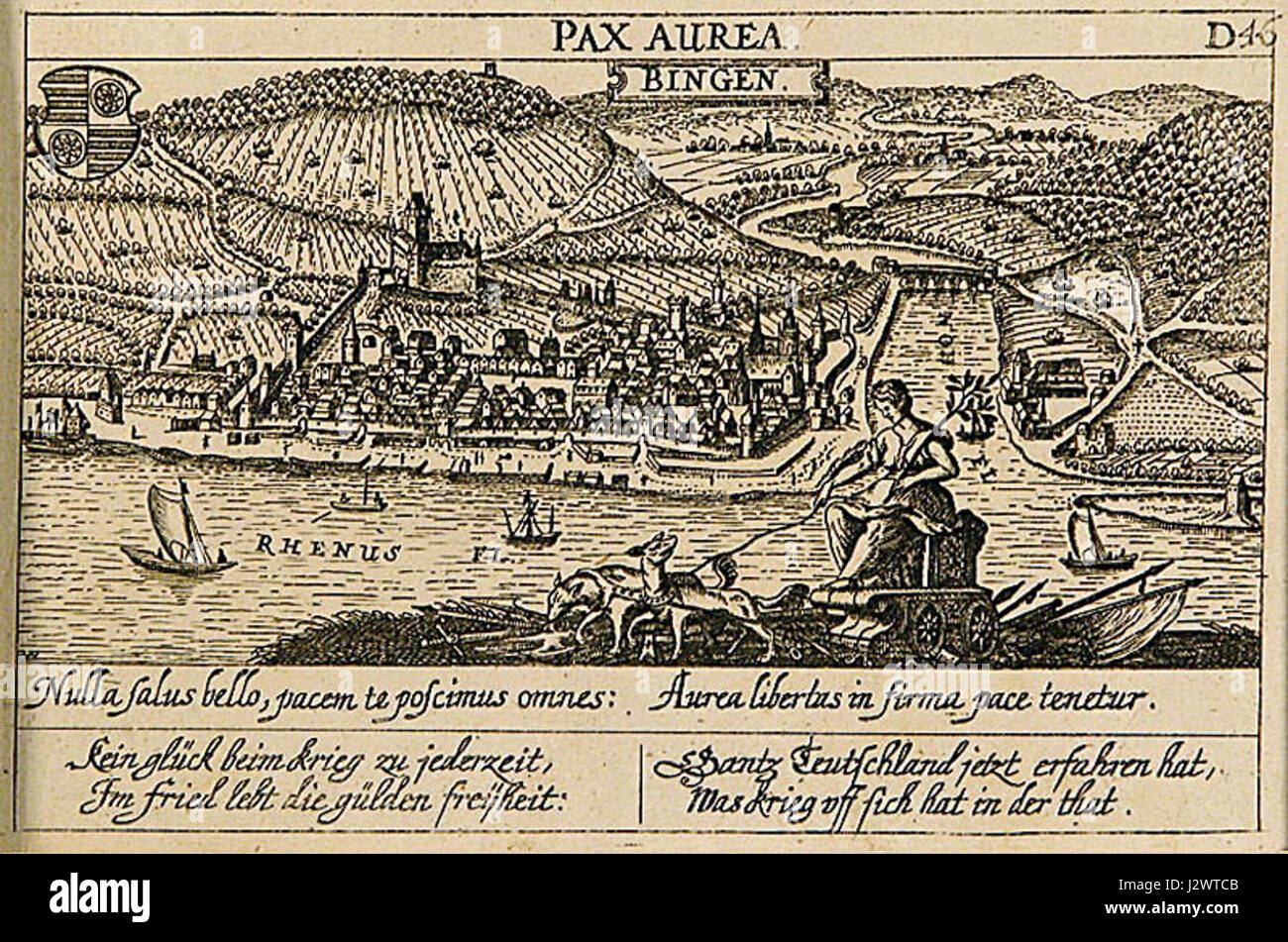 *Bingen Pax Aurea* si riferisce a un significativo concetto storico o simbolo di Bingen, potenzialmente legato alla pace (Pax) e alla sua età d'oro storica, che riflette il ruolo della città nella storia europea o germanica. Foto Stock