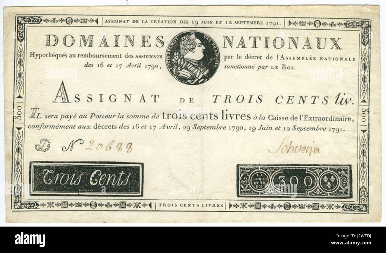 "Assignat-vrai" si riferisce a un tipo di moneta rivoluzionaria francese emessa durante la rivoluzione francese. Era una forma di cartamoneta, sostenuta da beni fondiari. Foto Stock