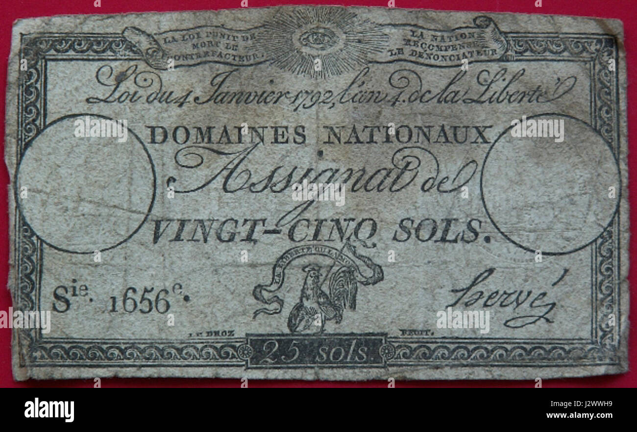 Il 25 sols *assignat* era una forma di valuta emessa durante la Rivoluzione francese. Rappresentò un primo tentativo di carta moneta per sostituire oro e argento, e fu utilizzato per finanziare le attività del governo rivoluzionario. Foto Stock