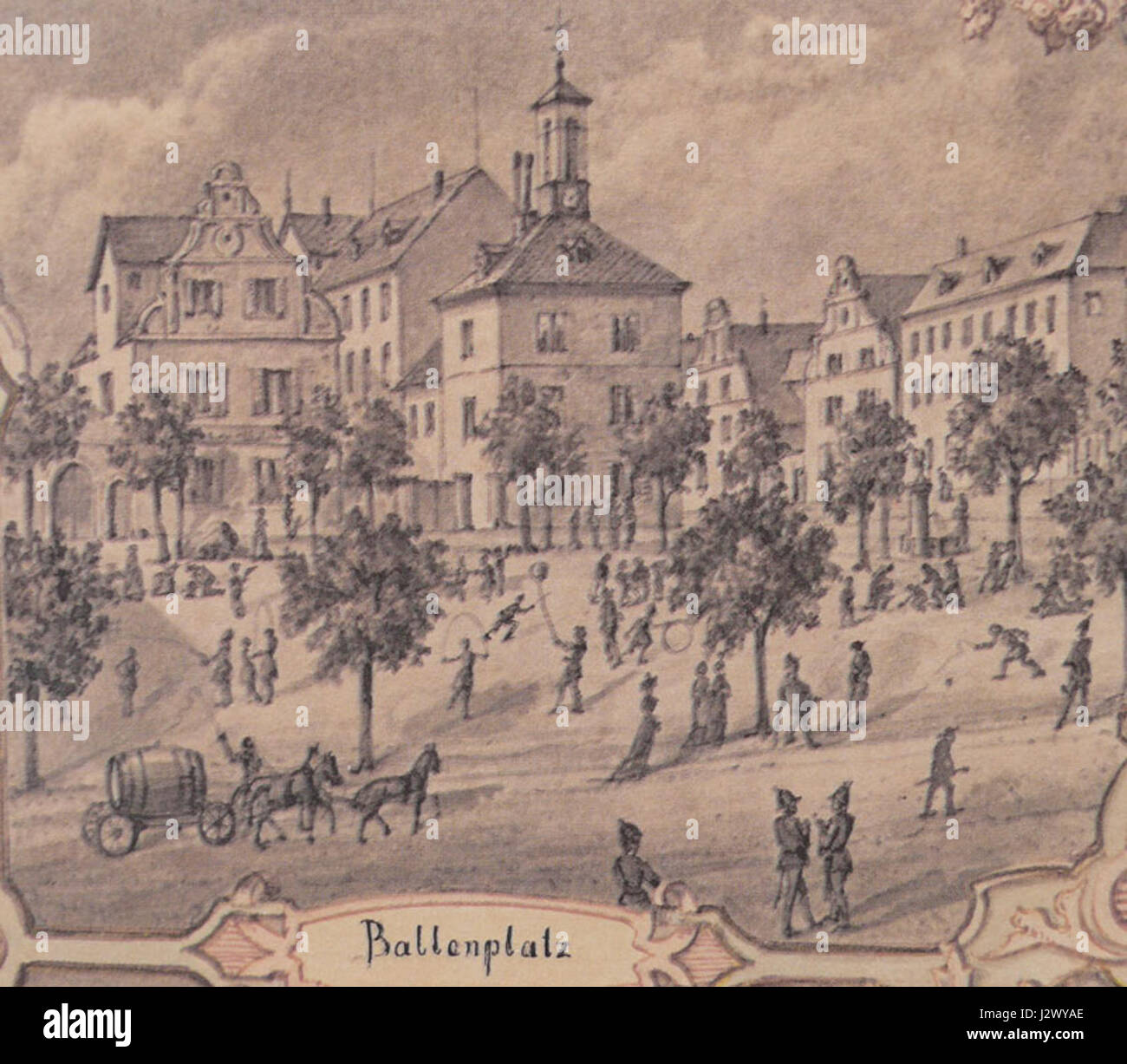 "Ballonplatz um 1884" si riferisce a un'area di una città storica, probabilmente in Germania o in Europa, durante l'anno 1884, che potrebbe rappresentare un luogo di incontro sociale o di trasporto. Foto Stock