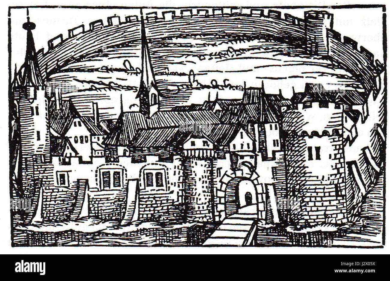 Questa vista del 1544 di Ingelheim dalla "Cosmographia" offre una prospettiva storica sull'architettura e il paesaggio dell'townÂ durante il primo periodo moderno. L'incisione cattura il layout urbano, comprese le strutture chiave e l'ambiente circostante di Ingelheim nel XVI secolo. Foto Stock